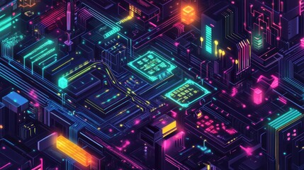 Obraz premium Complex circuit board with neon lights