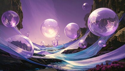 Purple-hued fantasy landscape with floating iridescent bubbles, flowing fabric, and rocky terrain