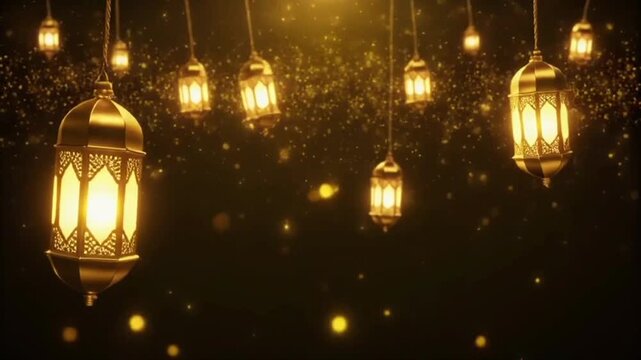This stunning video features beautiful, glowing Ramadan lanterns hanging gracefully amidst a dark backdrop adorned with glittering gold particles