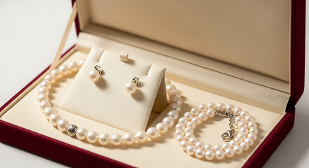 Pearl jewelry set displayed in a red velvet box with necklace bracelet and earrings inside the box