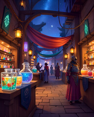 Naklejka premium Filled with swirling liquids and ancient texts, pure light shines through the mirror.