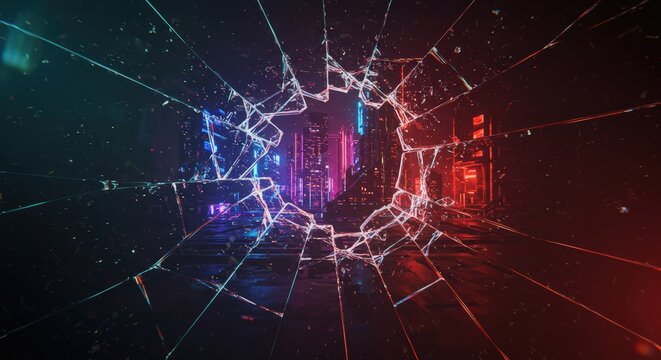Portal to another dimension fractured mirror shards revealing a neon city.
