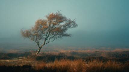 A lone tree stands in a field of tall grass under a hazy blue and brown sky landscape