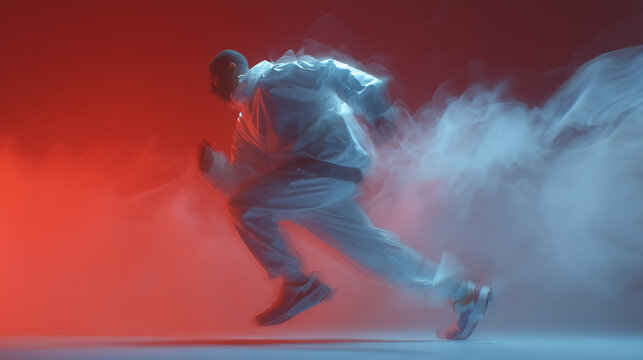 Male dancer performing energetic moves in a foggy studio with red and blue lighting - Powered by Adobe