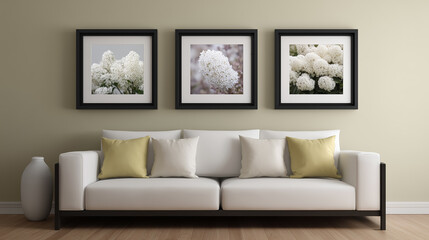 Fototapeta premium White couch with flower pictures hanging on the wall in modern living room