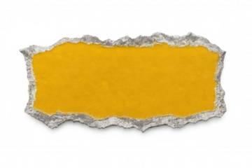 Horizontal yellow ripped paper piece with jagged edges on a transparent background, perfect for adding a touch of texture to designs