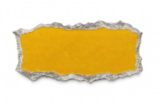 Horizontal yellow ripped paper piece with jagged edges on a transparent background, perfect for adding a touch of texture to designs