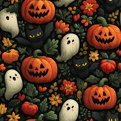 Seamless Pattern A vibrant Halloween-themed pattern featuring pumpkins, ghosts, and black cats.