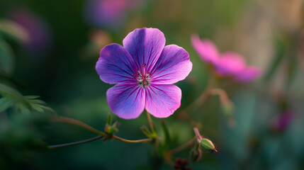 Fototapeta premium A close up of a purple flower with green leaves in the background on a sunny day