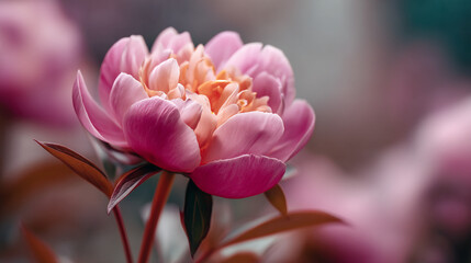 Fototapeta premium A close up of a pink peony flower with soft petals and a blurred background view