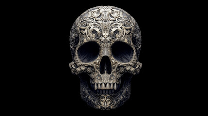 Fototapeta premium Ornate skull emerging from darkness with intricate floral design