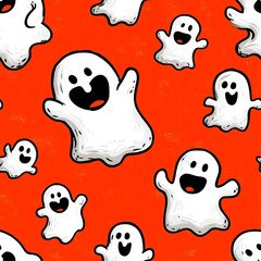 Seamless Pattern Playful ghost pattern with cheerful characters on a vibrant orange background.