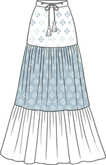 Tiered skirt with drawstring tassel waist, floral and geometric patterns, pleated hem, fashion flat, garment CAD vector illustration, clothing design, sewing pattern