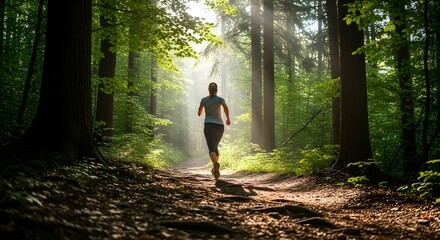 A woman runs on a trail through a lush green forest, sunlight streaming through the trees.