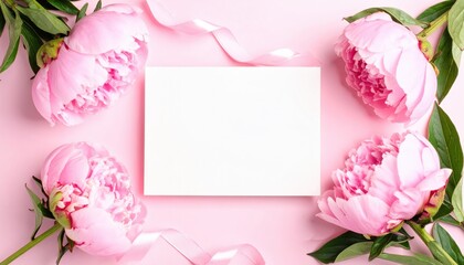 Blank card surrounded by pink peonies and ribbon on a pink background