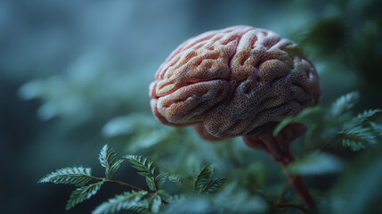 Obraz premium Anatomical brain model emerging from green foliage in a surrealistic setting