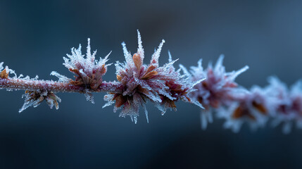 A close up of a frozen branch with ice crystals on a dark blue background image