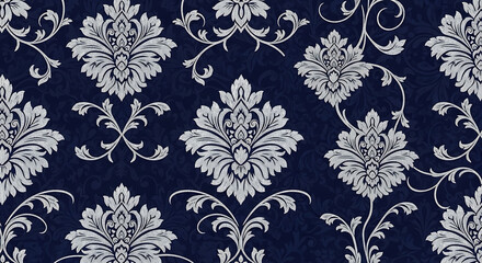 Fototapeta premium Elegant Damask Pattern with Intricate Floral Motifs on Deep Blue Background.