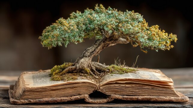 Green tree sprouting from open book on table