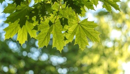 Fototapeta premium Fresh green maple leaves bathed in sunlight, showcasing vibrant foliage against a blurred background of lush greenery.