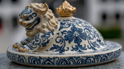 Ceramic foo dog statue with blue floral pattern and golden accent.