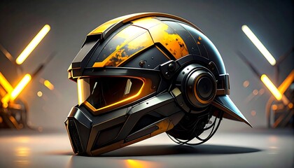 A futuristic, technologically advanced helmet, showcasing a striking blend of black and yellow, sits elegantly against a backdrop of vibrant, glowing light.