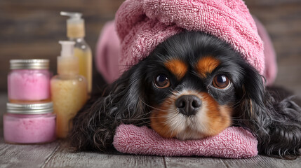 Cavalier king charles spaniel relaxing at spa with pink towel and cosmetics
