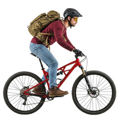 Obraz premium Man riding mountain bike with backpack and helmet side profile outdoor activity transparent background
