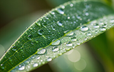 Close-up macro shot of leaf surface with dew drops captured in shallow depth of field. Soft focus and detailed natural texture, ideal for nature backgrounds, eco concepts, and creative projects.