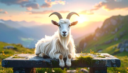 Obraz premium A serene white goat rests on a mountaintop bench at sunset, bathed in golden light.