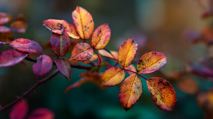 A close up of autumn leaves on a branch with a blurred background in soft lighting