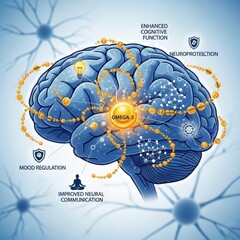 Brain Connectivity and Omega-3 Power: An illuminating image unveils the profound influence of Omega-3 on the human brain, emphasizing cognitive function, neuroprotection, and overall well-being.