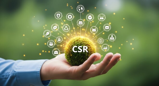 Person holding CSR concept sphere with business icons, corporate social responsibility, modern.