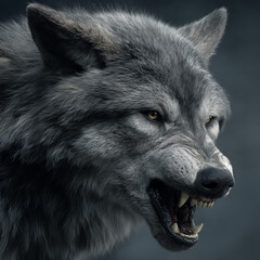Growling gray wolf showing teeth and claws