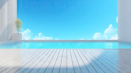 Obraz premium Tranquil outdoor pool area with a bright blue sky.