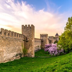 Ancient stone walls, blossoming trees, serene sunset