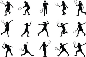 Flat vector illustration of female tennis players silhouette, action poses, holding racket, playing tennis, dynamic movement, black vector style