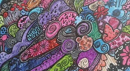 A vibrant and chaotic abstract doodle with intricate patterns, swirls, and floral motifs in multiple colors.