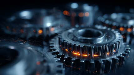 Gears rotating creating futuristic mechanism in dark environment