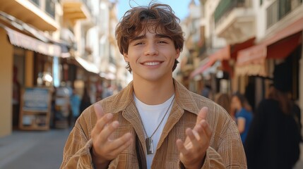 Young man smiling warmly in sunny street filled with shops and cafes