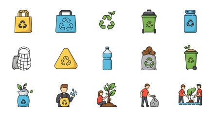 A collection of colorful icons representing recycling, environmental protection, and sustainability efforts.