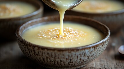 Creamy Dessert with Drizzling Sauce and Topping in Rustic Bowl