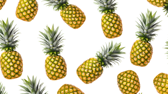 Fresh tropical pineapple fruit seamless pattern with green leaves isolated on white background - Powered by Adobe