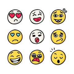 Hand drawn emoji faces expressing emotions expressions
