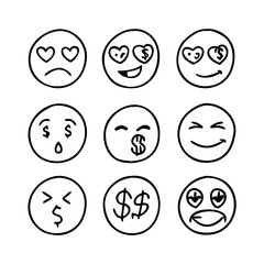 Hand drawn emoji faces with heart eyes and dollar signs