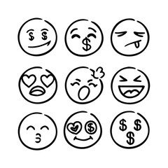 Hand drawn emoji faces with various expressions emotions
