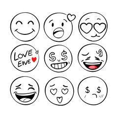 Hand drawn emoji faces with various expressions happy