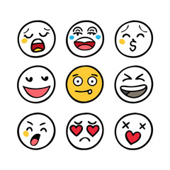 Hand drawn emoji faces with various expressions emotions
