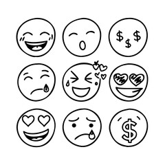 Hand drawn emoji faces with various expressions icons