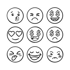 Hand drawn emoji faces with various expressions vector